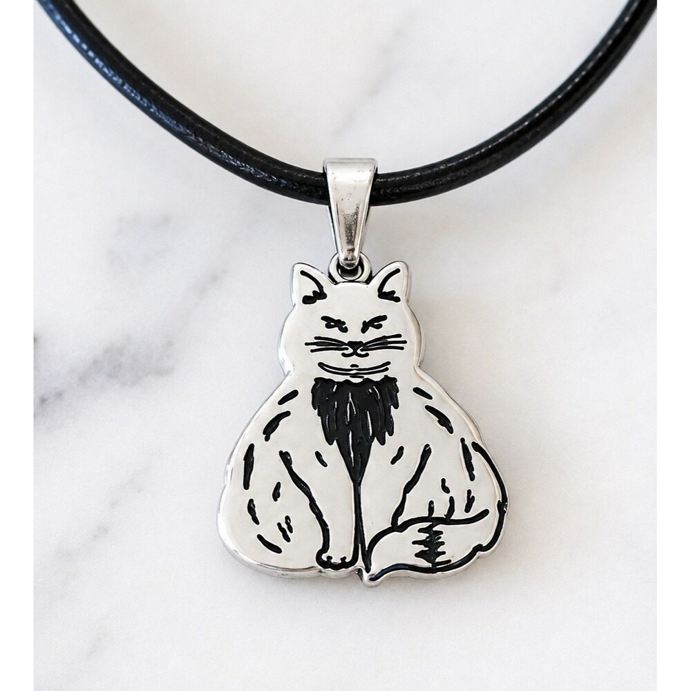 Fat Cat Necklace Stainless Steel Pendant Adjustable Black Cord Cats Lover Gift